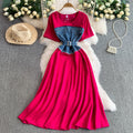 French Retro Denim Patchwork Knit Short-sleeved Women's 2025 New Style Lace-up Waist Casual Dress