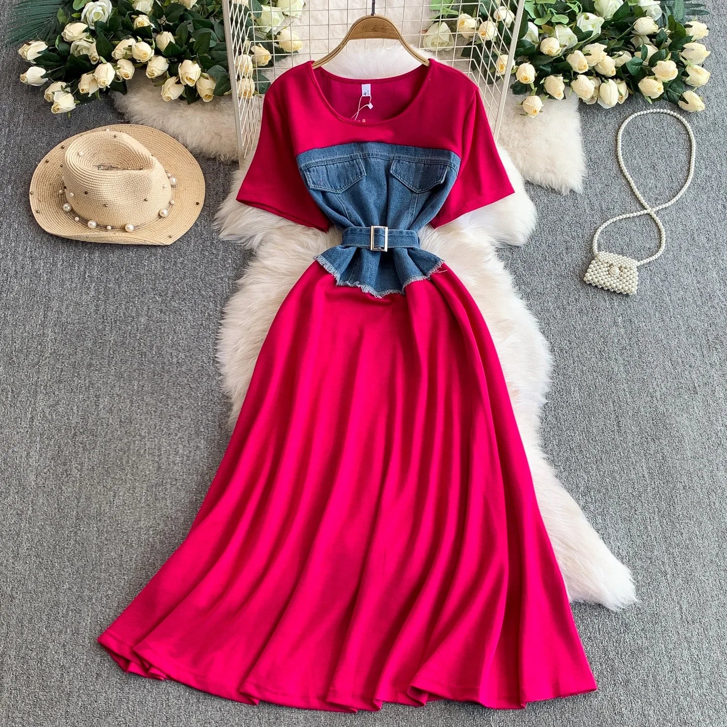 French Retro Denim Patchwork Knit Short-sleeved Women's 2025 New Style Lace-up Waist Casual Dress