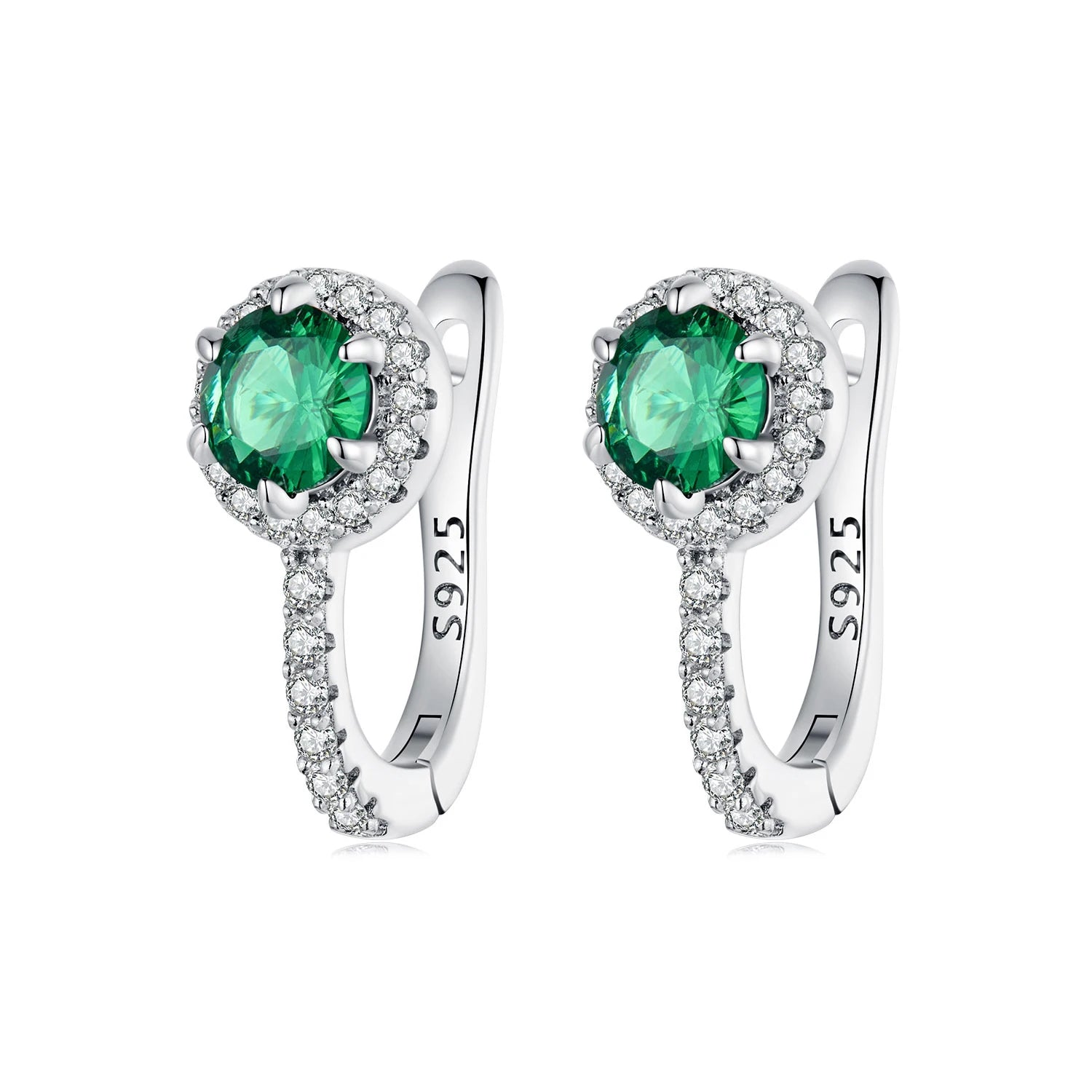 Elegant Solitaire Huggie Fashion Hoop Earrings Green Cubic Zirconia 925 Silver Platinum Plated Factory BSE942