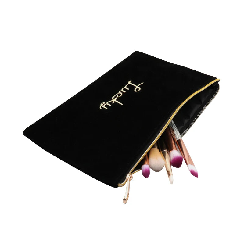 Custom Pouch Luxury Makeup Bag Zipper Closure Travel Professional Cosmetic Bag Black With Embroidery Logo