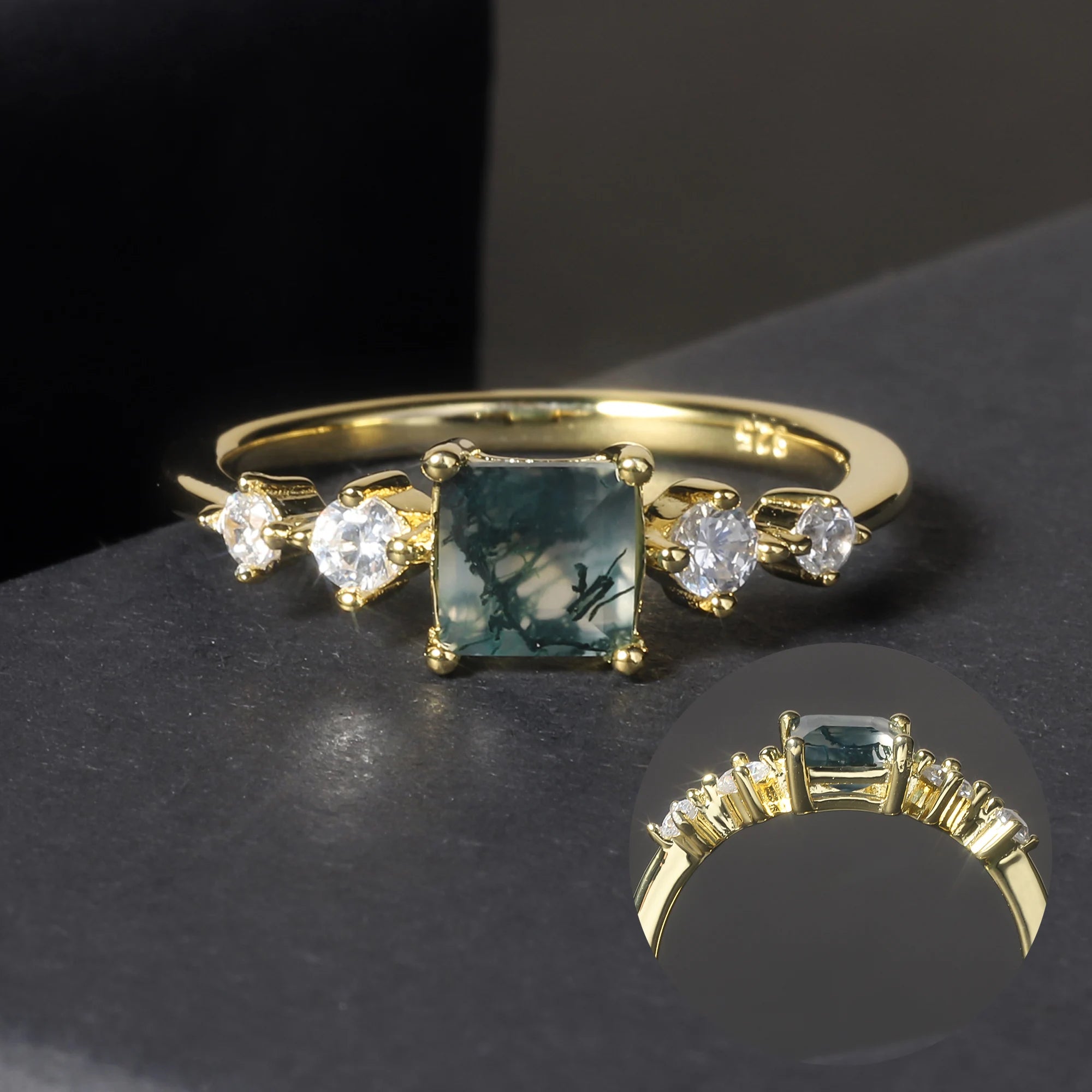 OL1019 Abiding Fine Jewelry New Designs Square Gemstone 14K Gold Plated 925 Sterling Silver Engagement Moss Agate Ring