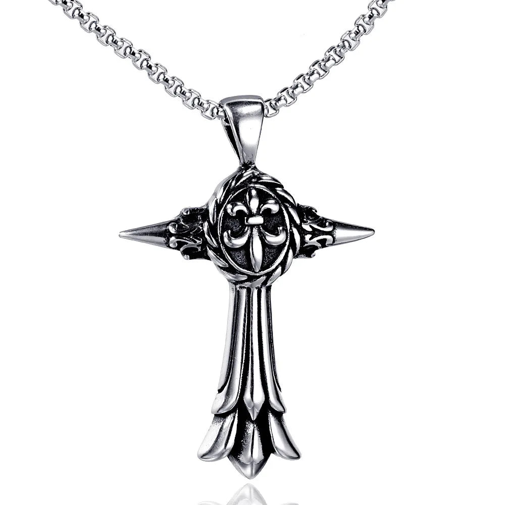 Latest Design Retro Vintage Style Men's Christian Silver Plated Stainless Steel Cross Fine Pendant Necklace for Christmas Gift