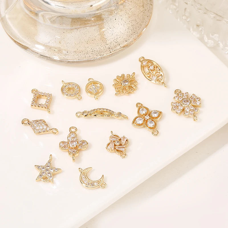 Fashion Bracelet Connector DIY Jewelry Making Accessories 14K Gold Plated Zircon Rhombus Star Moon Flower Two Circle Pendants