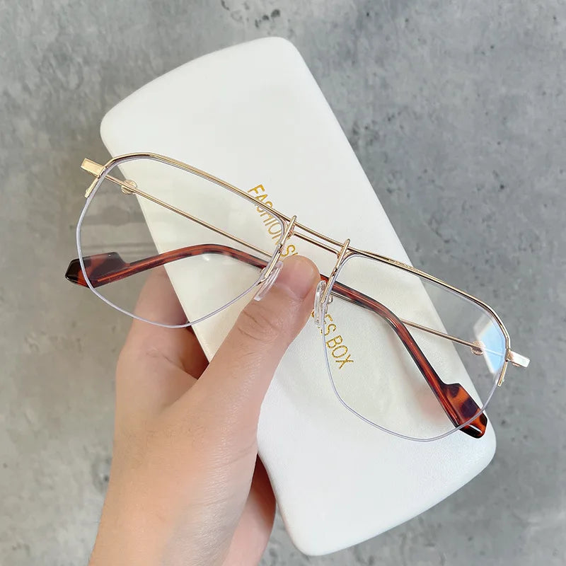 Rectangle Unisex Oversized Irregular Metal Transparent Big Semi-Rimless Frame Glasses Blue Light Blocking Optical Eyeglasses