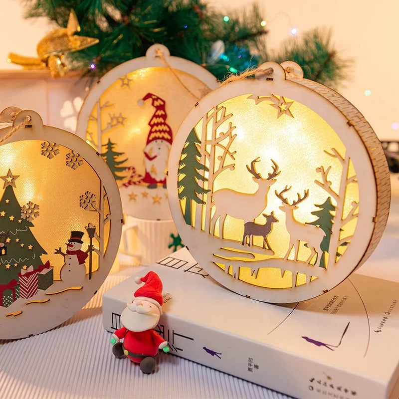 Christmas Decoration Round Light Ornaments Old Man Snowman Elk LED Wooden Christmas Tree Hanging Pendant