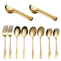 New 10pcs Stainless Steel Gold Cutlery Serving Spoon Salad Fork Food Tongs Flatware Set