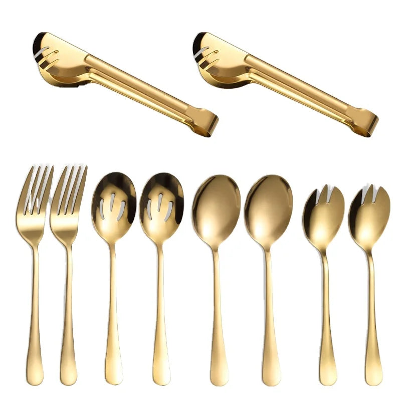 New 10pcs Stainless Steel Gold Cutlery Serving Spoon Salad Fork Food Tongs Flatware Set