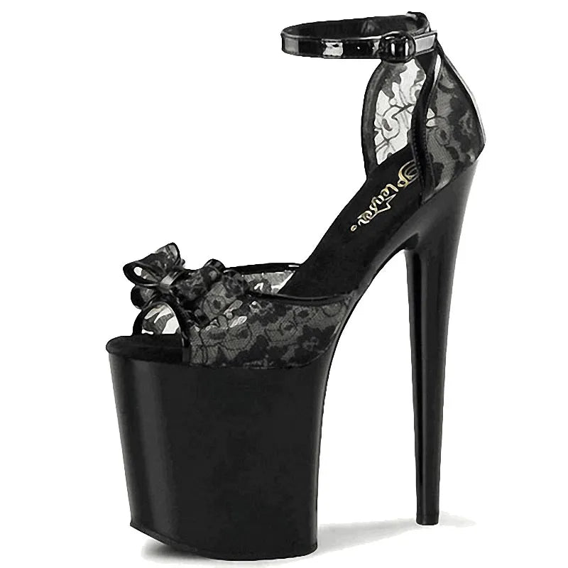 Sexy Fetish Black Lace Bow Thin Heel 20cm Exotic ultra High Heel Elegant Model Show Fashion Large Sandals 20cm Pole Dance Shoes