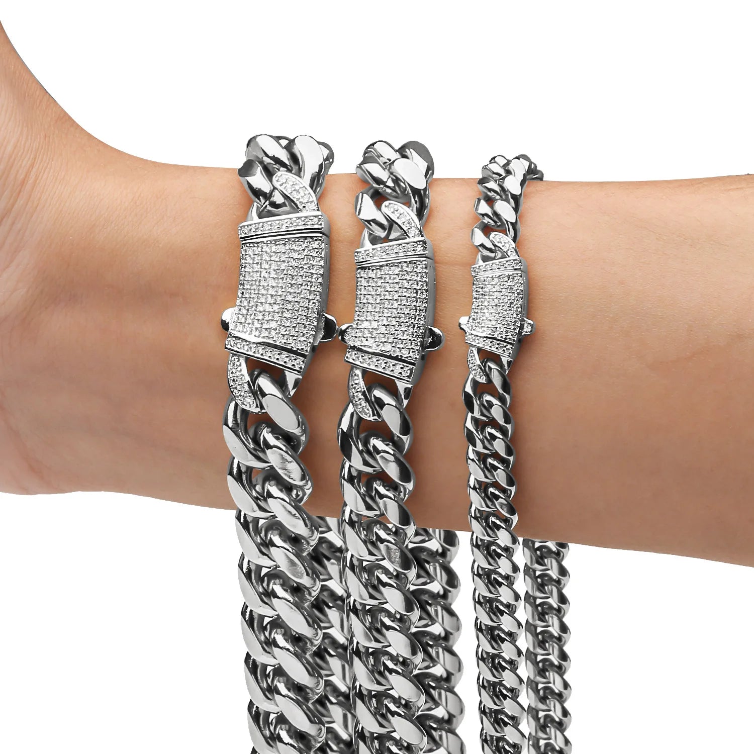 European and American Stainless Steel Cuban Chain Hip Hop Necklace Zircon Spring Buckle Necklace Bracelet Popular Jewelry