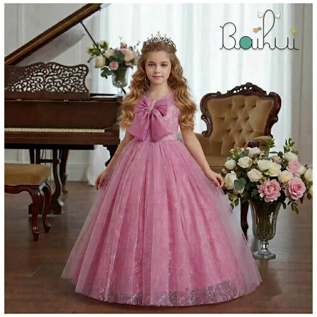 Korean Style Big Girl Lace Long Dresses High Grade White Flower Girl Wedding Gown Bow Kid Birthday Dresses for 12 Years Old