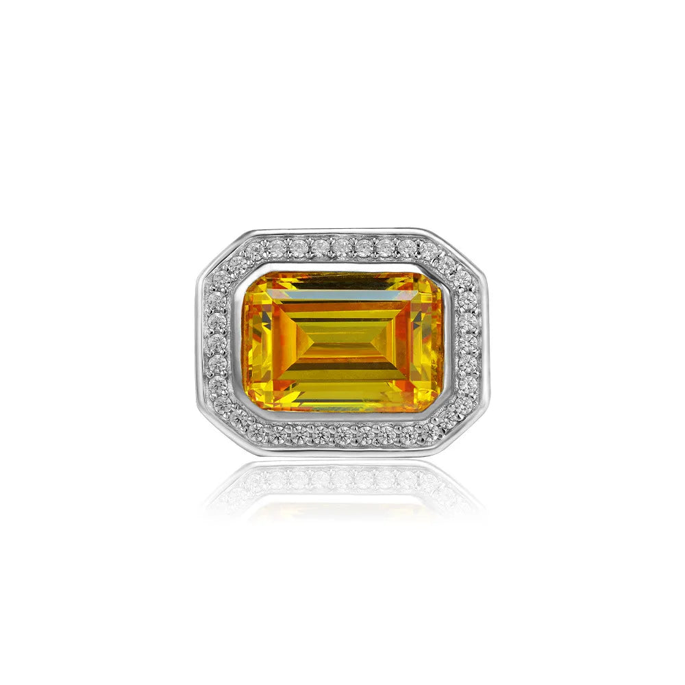 925 Sterling Silver  Fine Jewelry Rhodium Plated 10*14mm Emerald Cut Baguette Wedding Yellow CZ Diamond  Ring