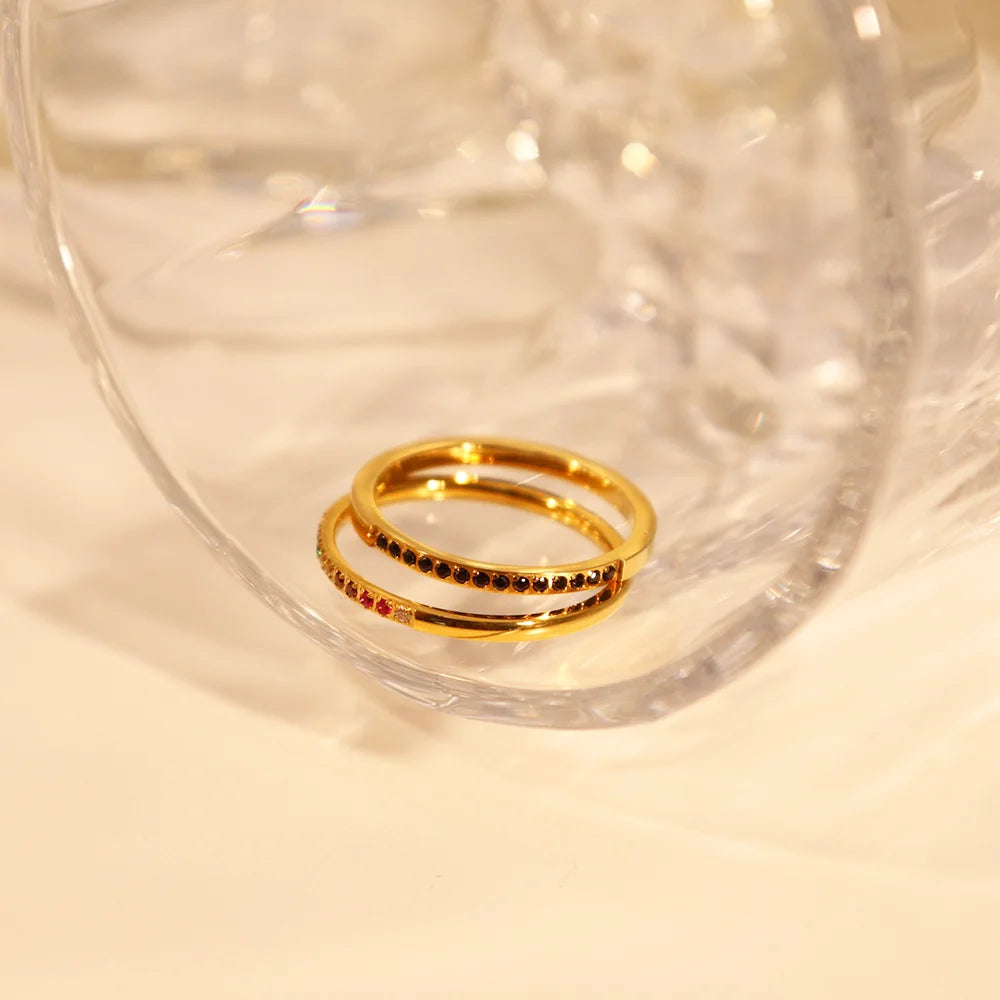 Chris April Fashion Jewelry Micro-inlaid Zircon 316L Stainless Steel PVD 18K Gold Plated Finger Ring