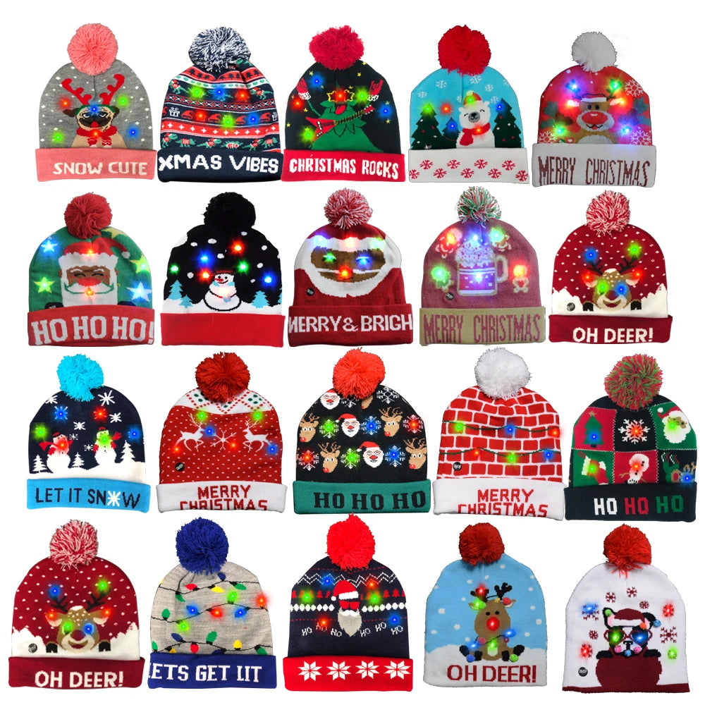 New Year LED Light-Up Santa Hat Knitted Christmas Beanie Cap with Party Supplies for Adults Christmas Hat Gift for Parties
