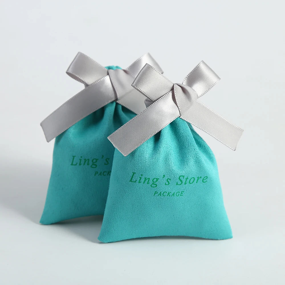 Luxury 9x12cm Teal Velvet Jewelry Pouches with Ribbon Bow-Knot Custom Suede Flannel Earrings Container