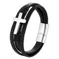 Religious Men's Sublimation Fashion Stainless Steel Silver Cross Crucifix Charm Bangle Woven Genuine Leather Bracelets OT-227