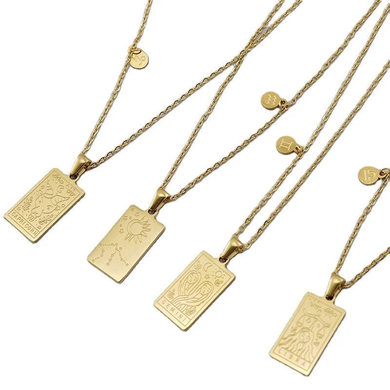 Trendy 2024 Vintage Stainless Steel Tarot Pendant Necklace Cute Geometric Shape Link Chain for Women's Horoscope Sign Styling