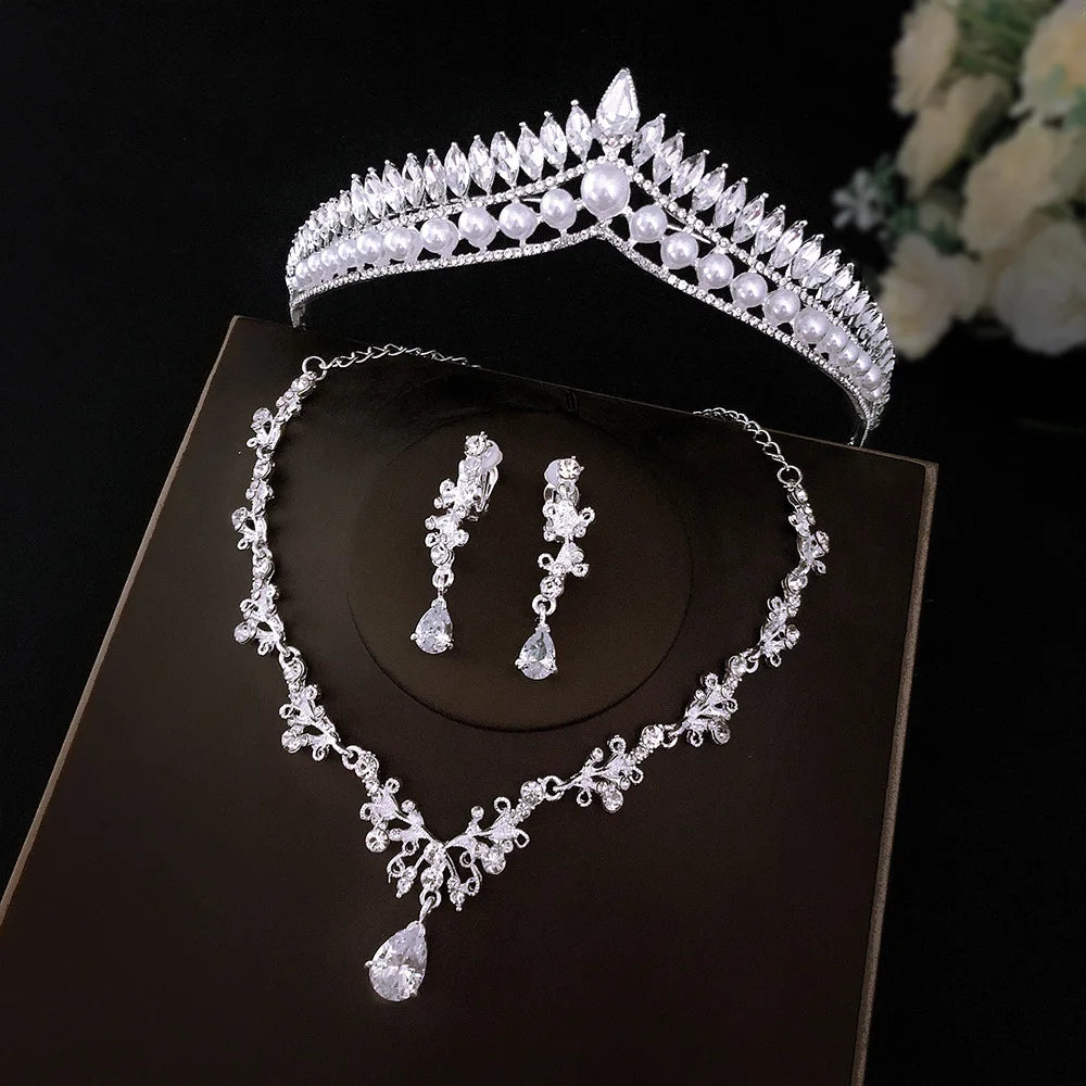 Bridal Crown Tiara Necklace Earrings Jewelry Set Bride Crown Three-piece Set Wedding Hair Accessories
