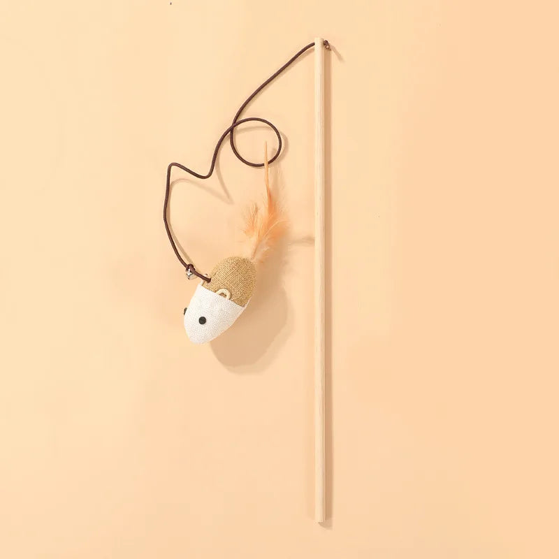 Feathered Linen Mouse Cat Wand - Star & Candy Shapes Wooden Stick Handheld Interactive Toy