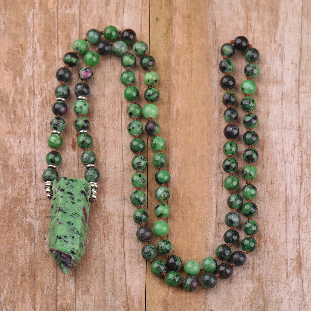 Natural Ruby Zoisite Handmade Classic Strand Silver Plated Mala Necklace Prayer Beads Crystal Point Healing Energy Yoga Gift