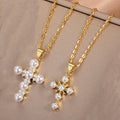 New Ethnic Religious Necklace Accessories Premium Zirconia Pearls Necklace Statement Cross Pendant Necklace Gifts for Women