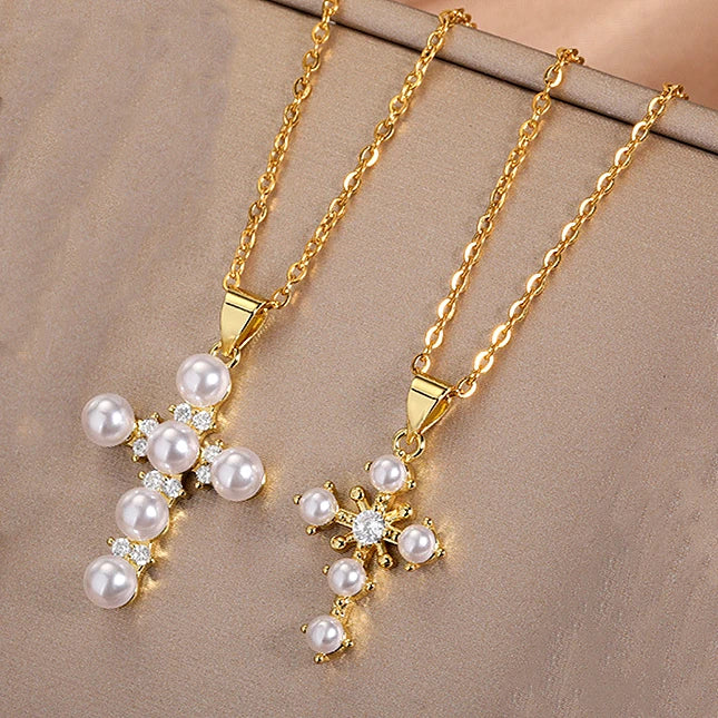 New Ethnic Religious Necklace Accessories Premium Zirconia Pearls Necklace Statement Cross Pendant Necklace Gifts for Women