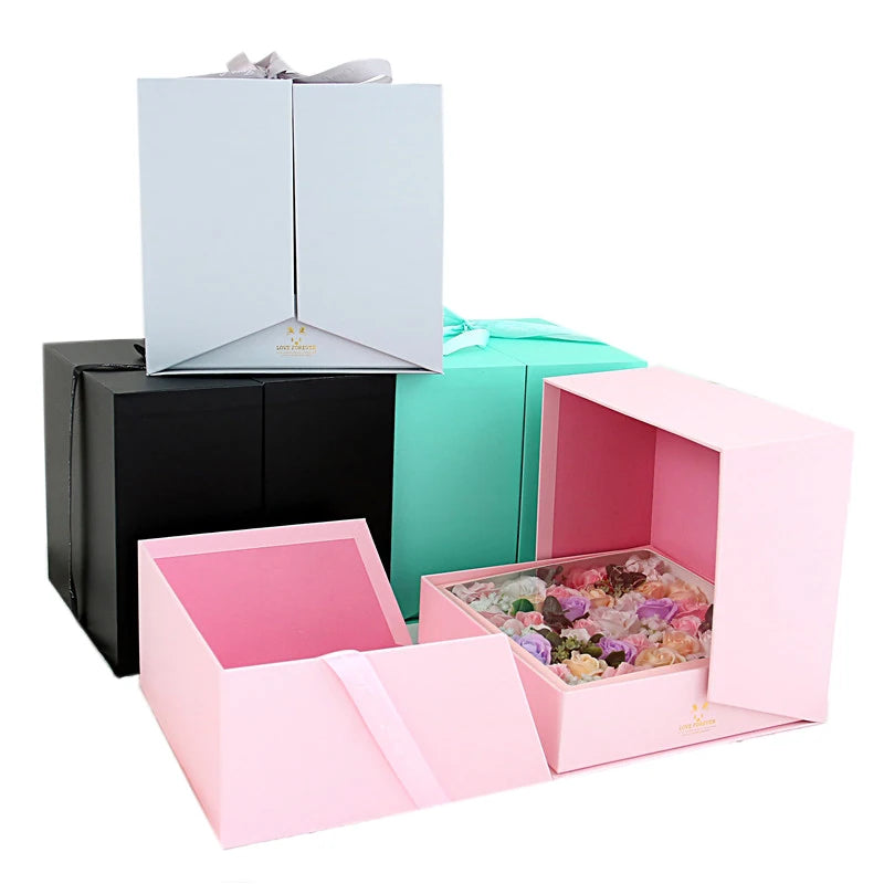 Romantic Engagement Party Favor Two-Side Open Flower Gift Box with Recycled Materials and Photo Frame Option