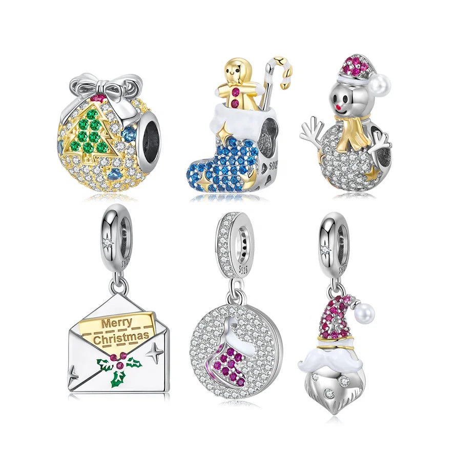 Christmas Ball Socks Cute Snowman Charm Beads 925 Silver Pendant with Shining Zircon for Women Bracelet Charm Wholesale Jewelry