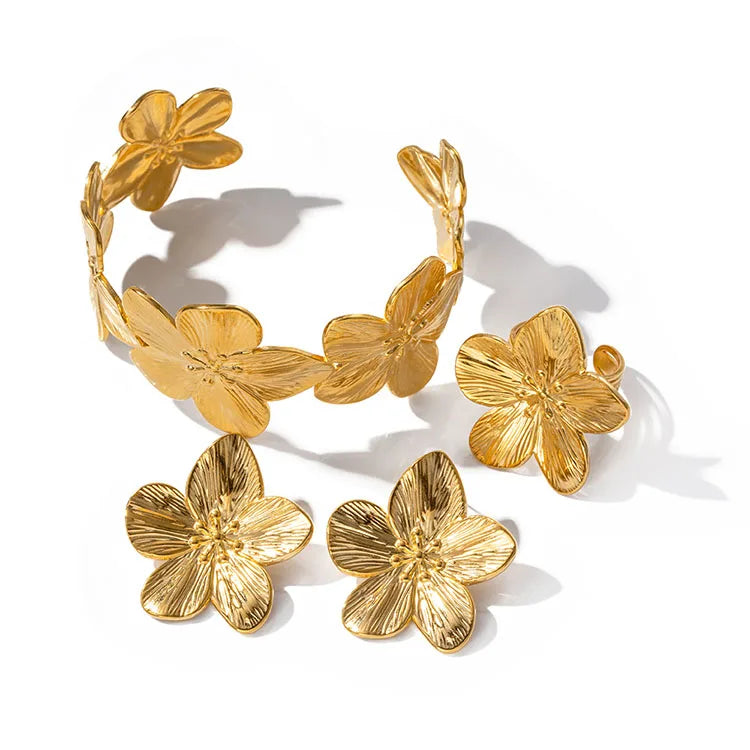 G2415 Wholesale Stainless Steel 18K Gold PVD Plated Big Flower Bangles Earrings Rings Fashion Jewelry Sets