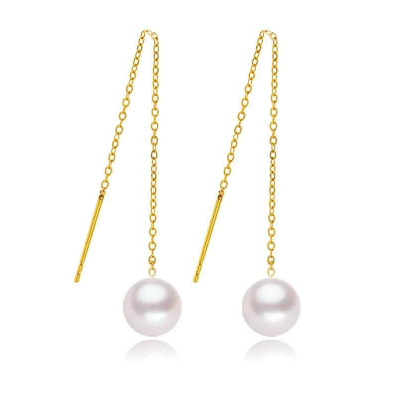 Certified 18K Gold Earrings Freshwater Pearl Ear Line AU750 Color Gold Women's Simple Temperament Drainage Gift Water Shell