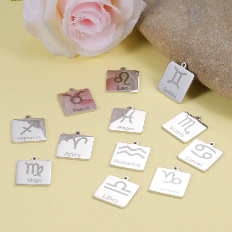 18mm Stainless Steel 18K Gold Plated Zodiac Sign Square Constellations Pendant for Clothing DIY Accessories and Earrings