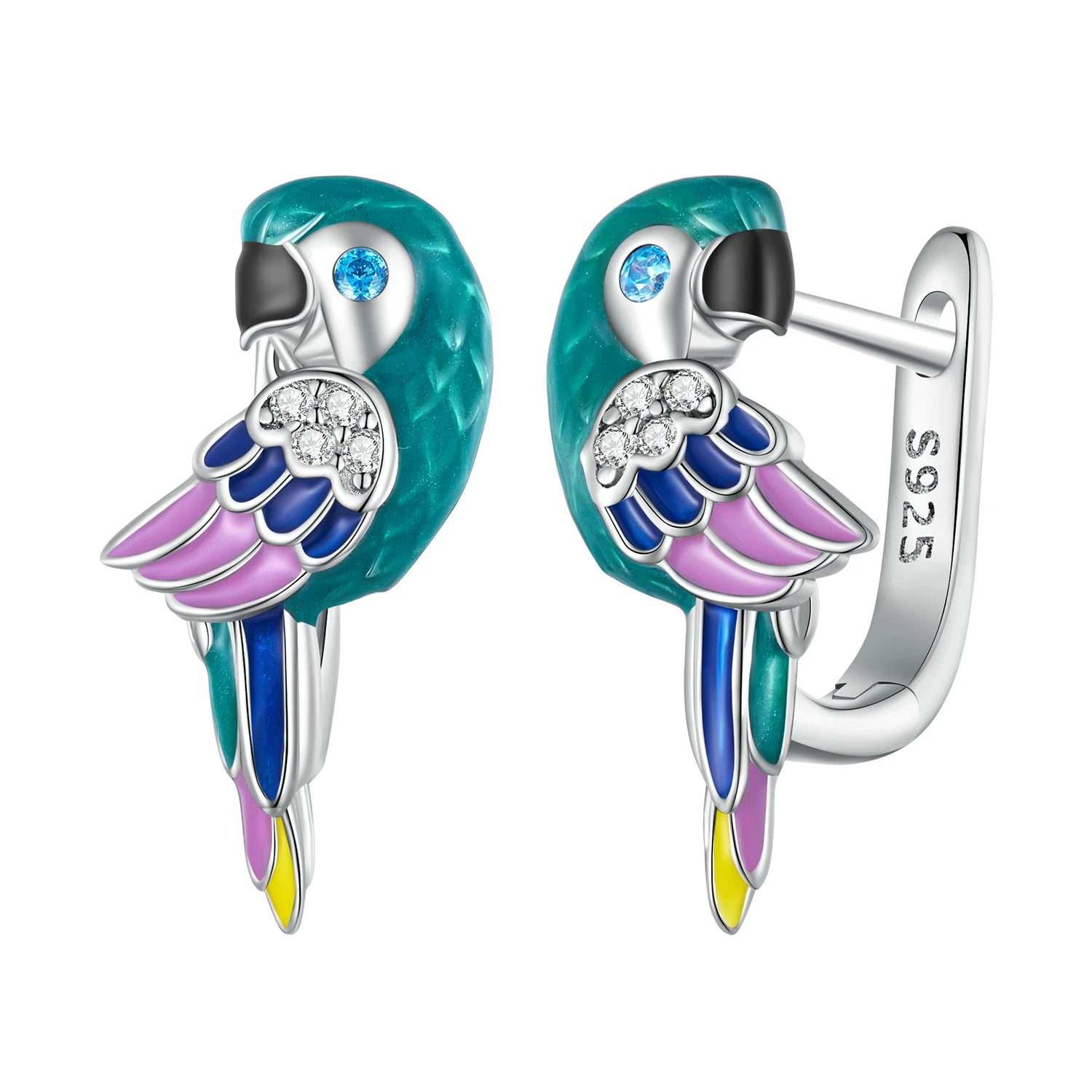 Fashion 925 Sterling Silver Rainbow Parrot Hoop Earrings for Women Cute Pet Bird CZ Ear Clips Girl Jewelry Family Gift BSE829