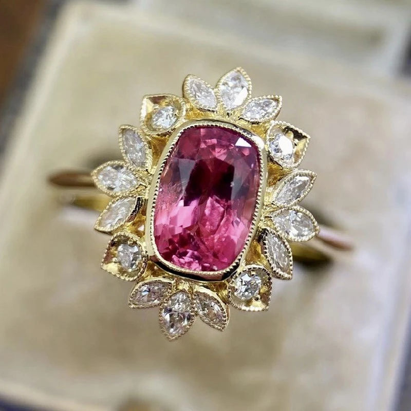 CAOSHI Elegant Style Ruby Diamond Flower Shaped 18K Gold Plated Wedding Jewelry Womens Trendy 3A Red Zircon Gemstone Ring