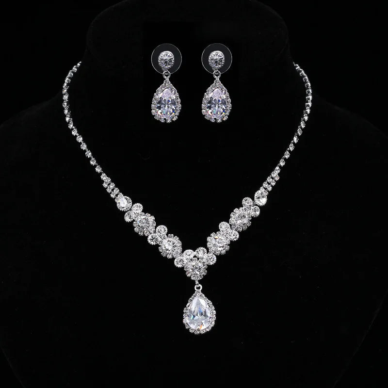 DAIHE Water Drop White Gold Round Large Crystal Stone Chain Fine Jewelry Earring Necklace Set