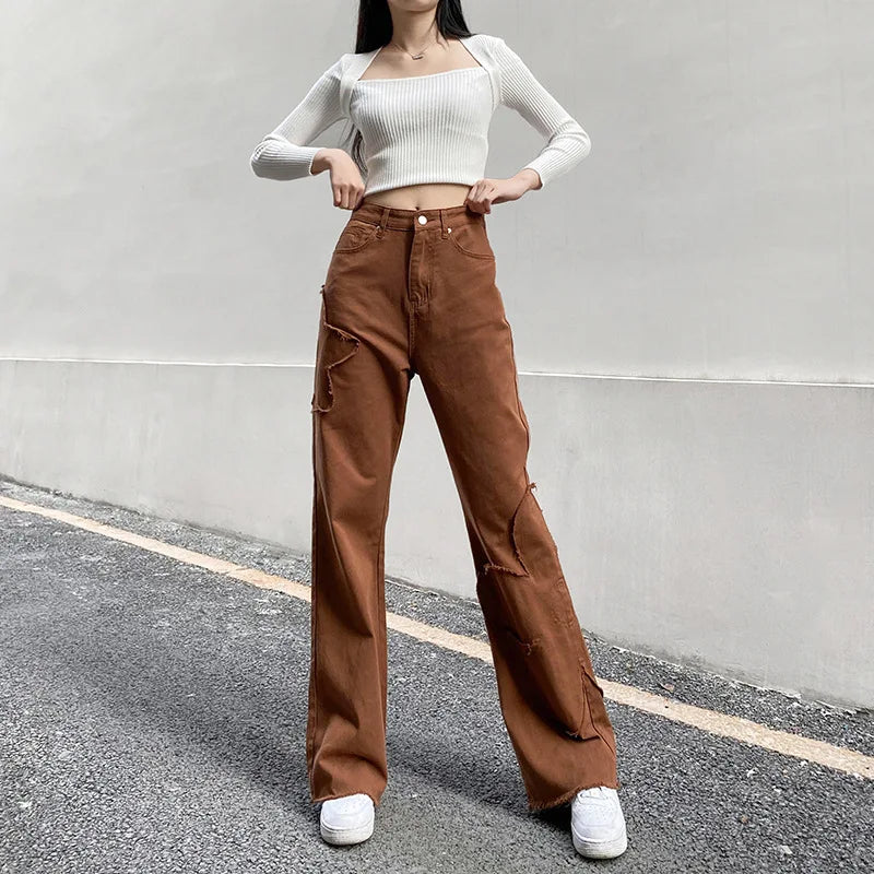 Patchwork Baggy Jeans Fashion Streetwear 100% Cotton Women Denim Wide Trouser Loose Cargo Pants Korean Jeans Harajuku