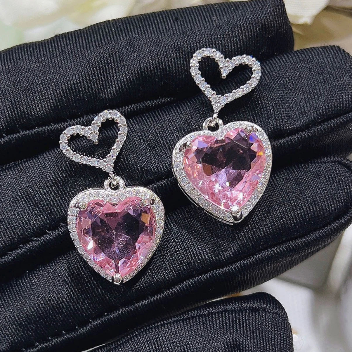 CAOSHI Summer Hot Sell Pink Love Heart Zircon Earring Girls Silver Color Wholesale Female Design Crystal Ladies Bridal Earrings