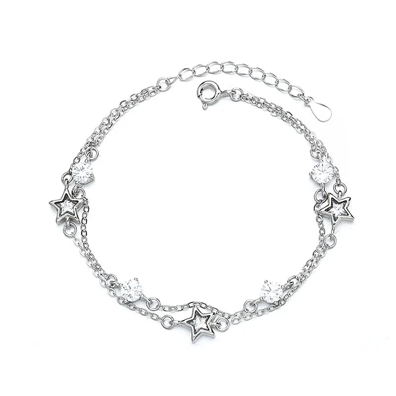 925 Sterling Silver Bracelets for Women/Girls Double-layer Star Design White/Blue/Pink Diamond Zircon Adjustable Fine Jewelry