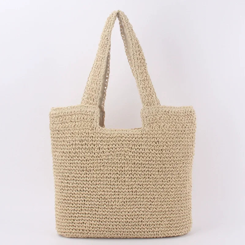 Large Summer Autumn Spring Straw Boho Woven Tote Bag Women Fashionable Beach Handbag Zip Closure Two Portable Shoulder Carrying