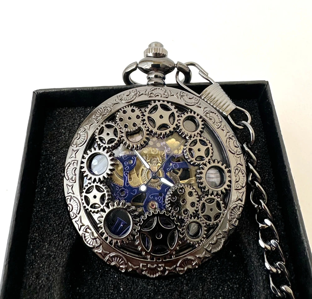 Hollow Manual Gear Antique Stainless Steel Mechanical Pocket Watch Key Chain Retro Roman Design
