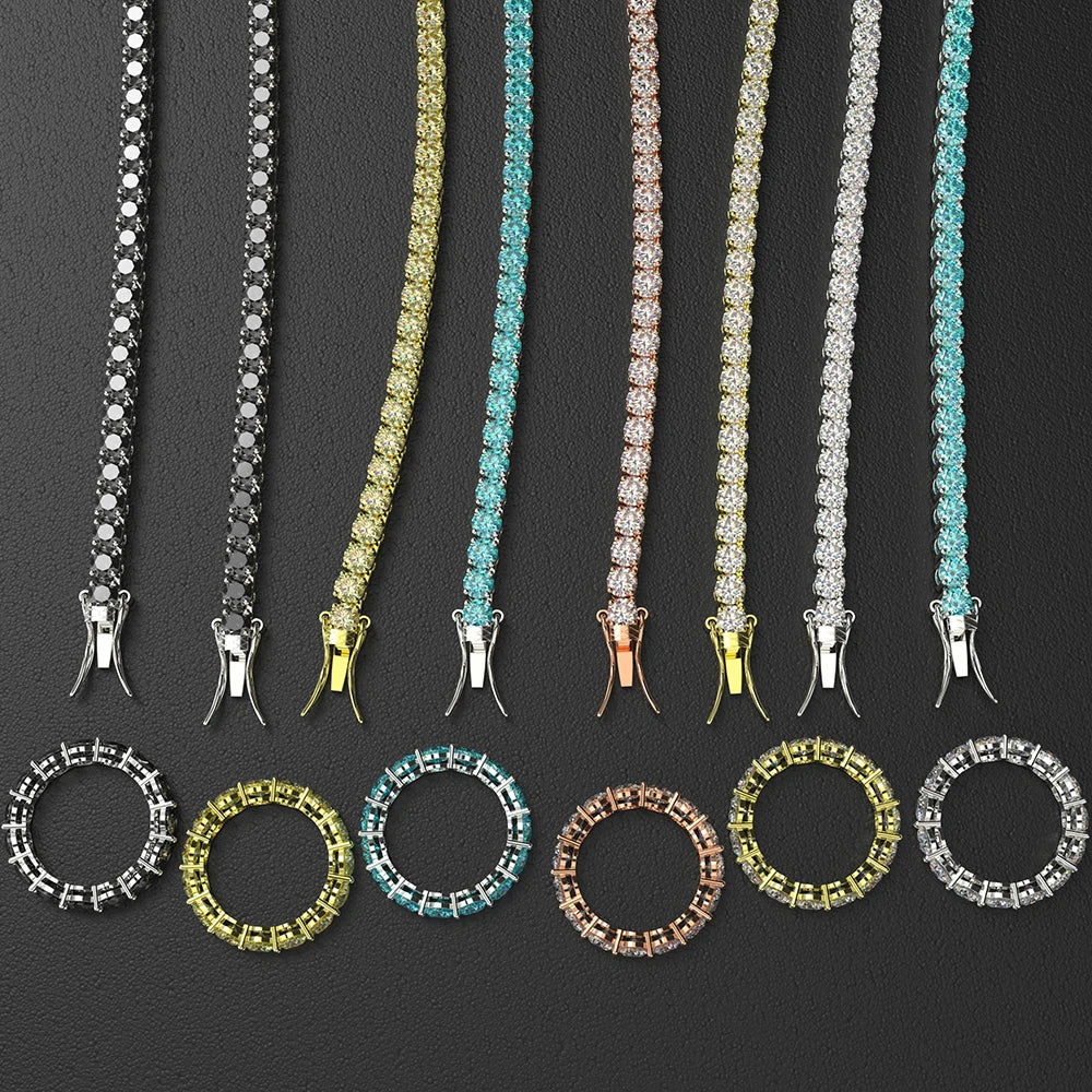Hip Hop Ice Out  3mm 4mm 5mm 6mm Black Blue 925 Sterling Silver VVS Moissanite Diamond Tennis Bracelet Link Chain Necklace