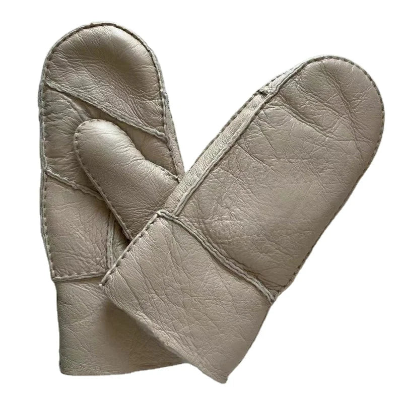 Sample Support Manufacturer Custom logo White Cheap Price Double Face Sheepskin Mittens Winter Warm Hand Sewing Sheepskin Gloves