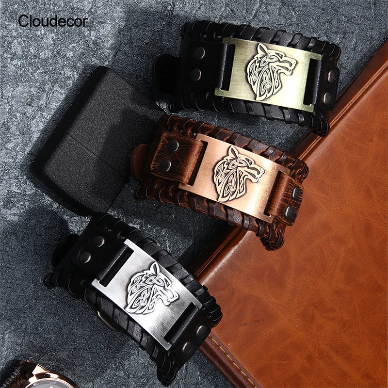 Teen Wolf Norse Adjustable Vintage Brown Punk Charm Bracelet Genuine Leather Wolf Head Metal Wide Leather Cuff for Men