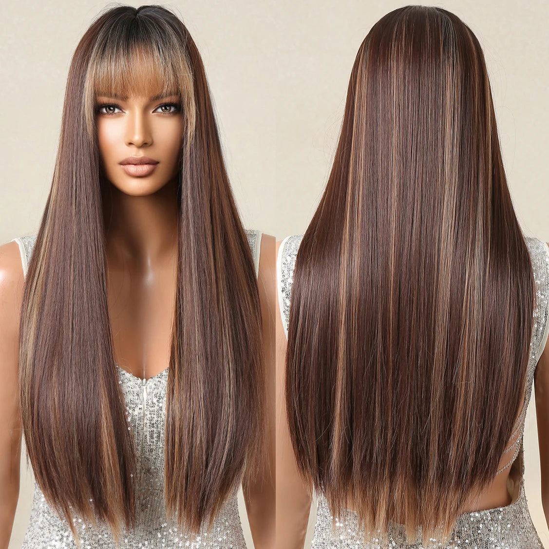 Factory Fast Delivery Long Straight Mixed Brown Blonde Synthetic Hairs Wig with Bangs for Black Women Natural Looking Wigs
