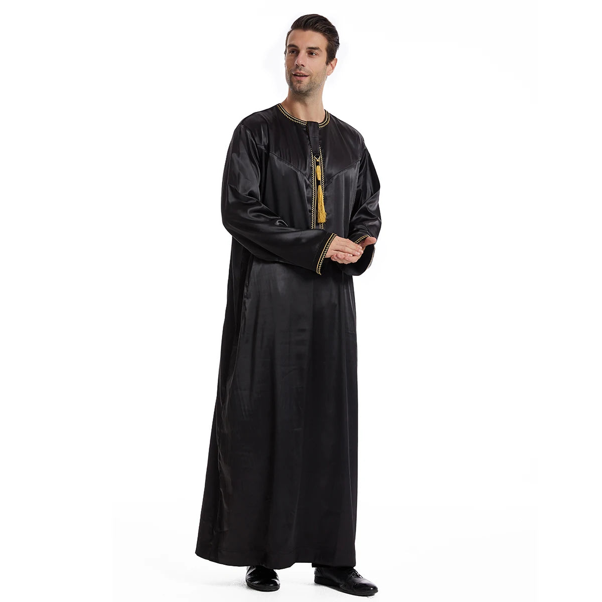 Men's Polyester Abaya Thobe Embroidered Jubbah with Tassels Middle East Muslim Arab Caftan Thawb for Men