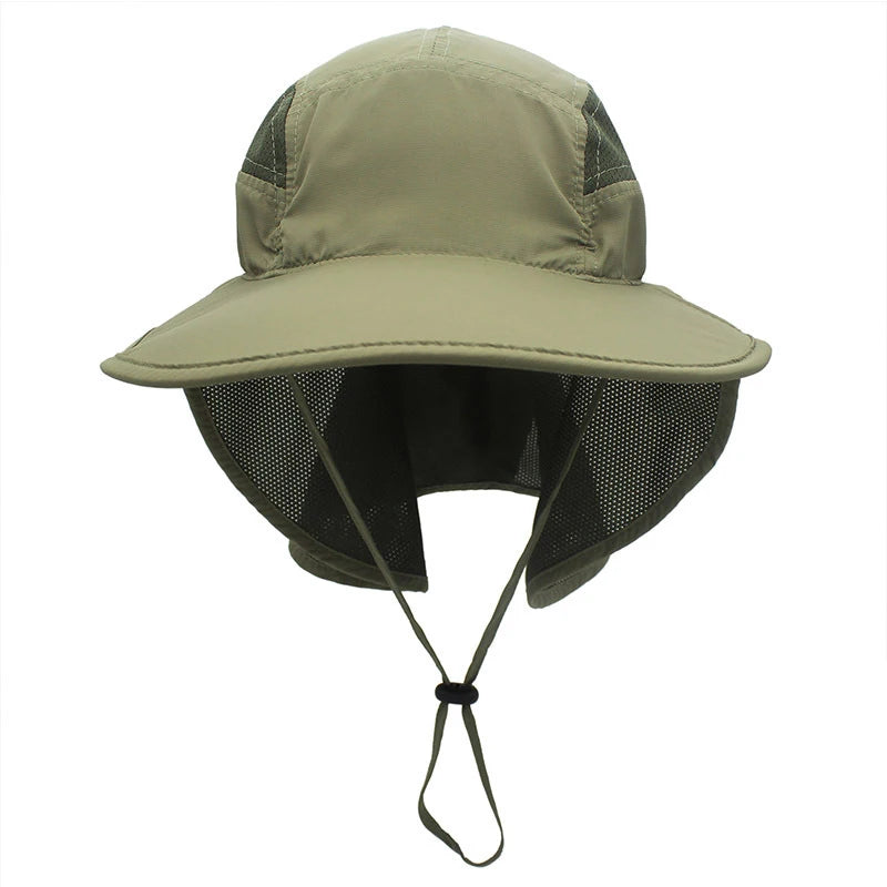 Outdoor Mens UV Protective Mesh Sun Hat Wide Brim Fishing Hat With Neck Flap