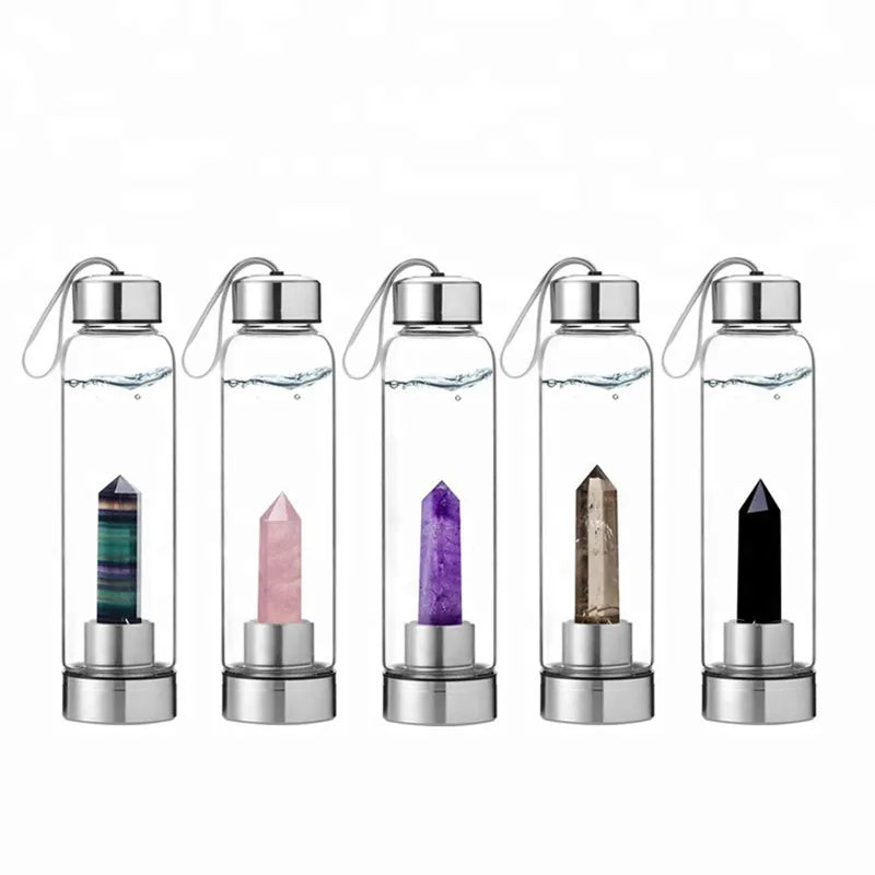 Polished Crystal Infuser Glass Water Bottle Handcrafted Healing Crystals 500ml Eco-Friendly Customizable Logo Unique Craft