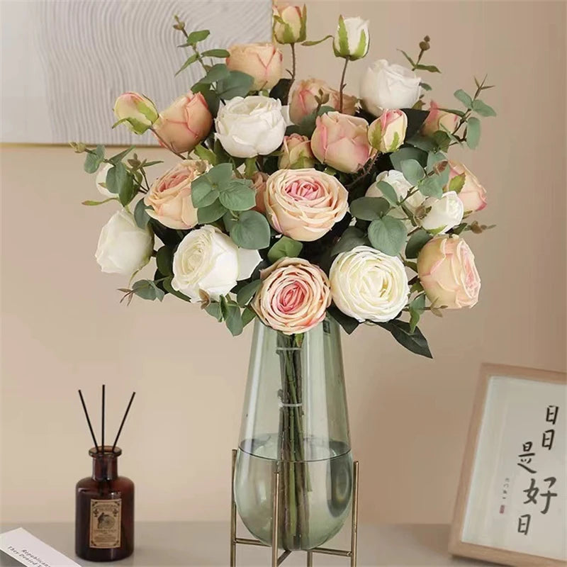 European Rose Artificial Flowers 3 Heads Artificial Rose Flowers Bouquet Wedding Decoration