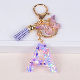 Wholesale Purple Fringe butterfly and Resin love Snowflake Initial Key Chain Purse Backpack Handbag Alphabet Key Ring