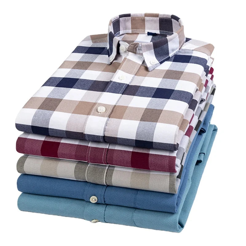 Men's Casual Long-sleeved Shirt Oxford Cotton Anti-wrinkle Yarn Dyed Anti-fade Checked Shirts