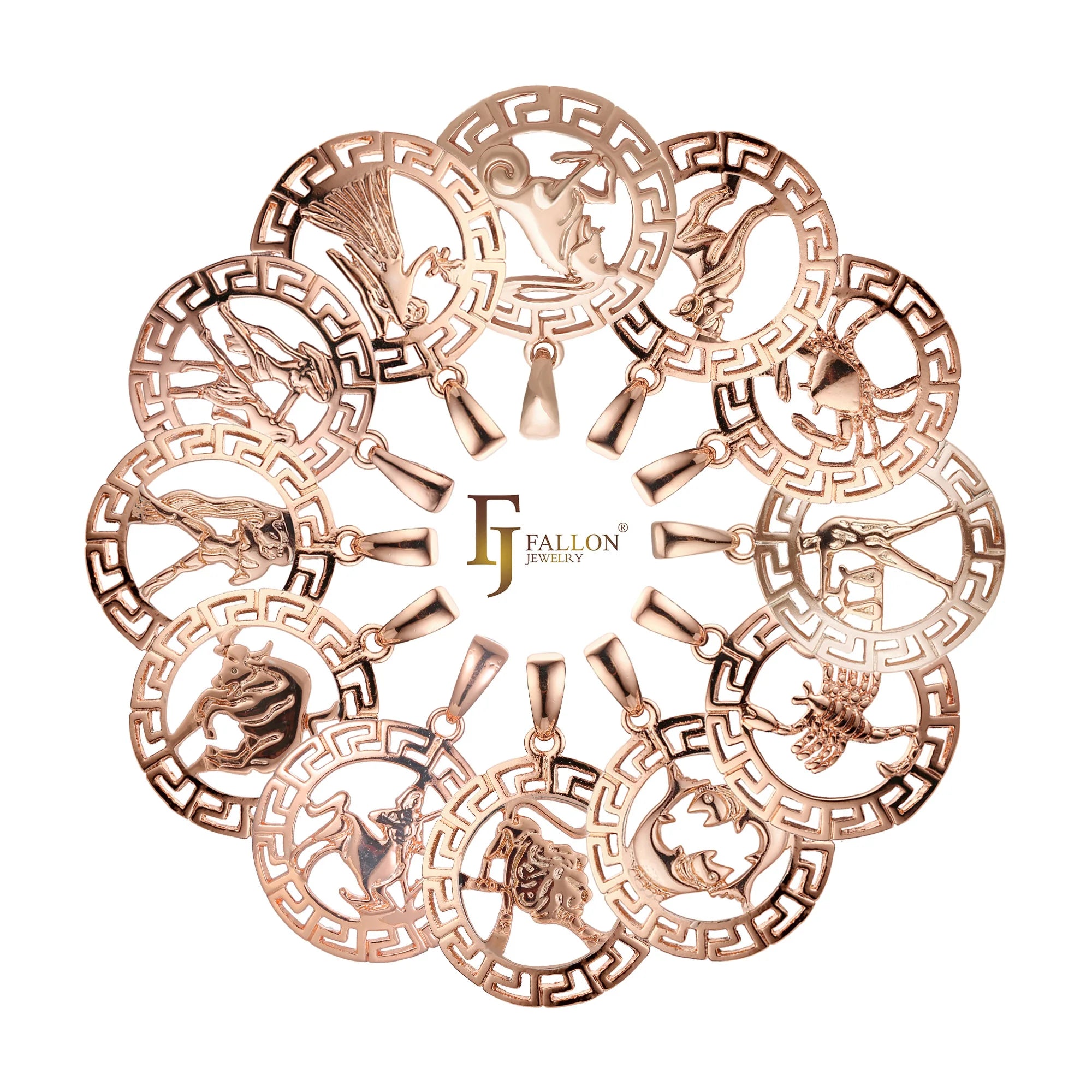 FJ Fallon Fashion Jewelry Rose Gold Plated Pendant Zodiac Greek Gey Halo of Zodiac