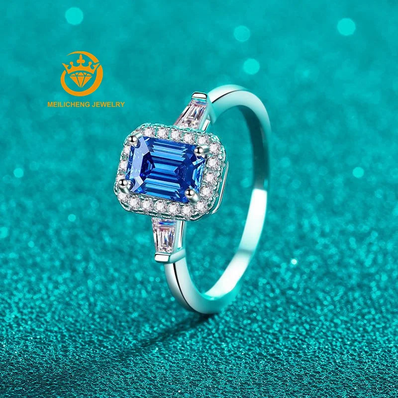 Certified Royal Blue Moissanite 1 Carat Emerald Cut & Raydean Cut Ring Solid 925 Sterling Silver Wedding Rings Luxury Jewelry